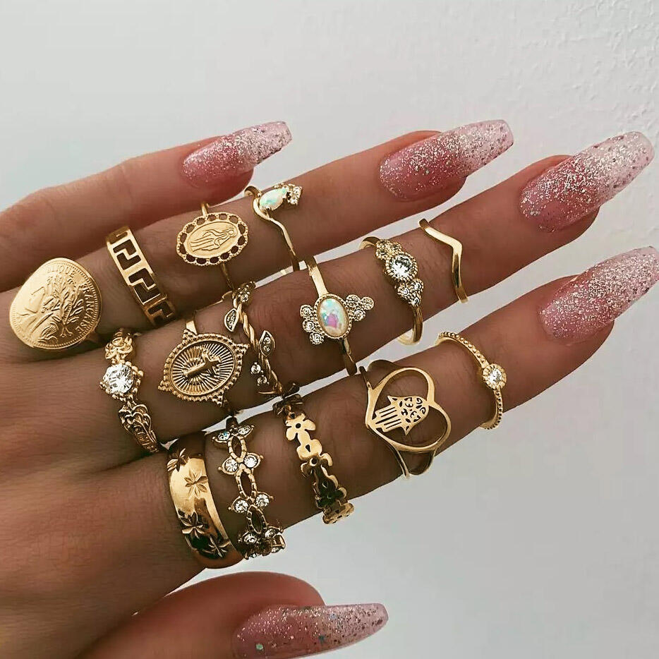 

15Pcs Vintage Beauty Head Coin Cross Love Ring Set, Gold, 456850