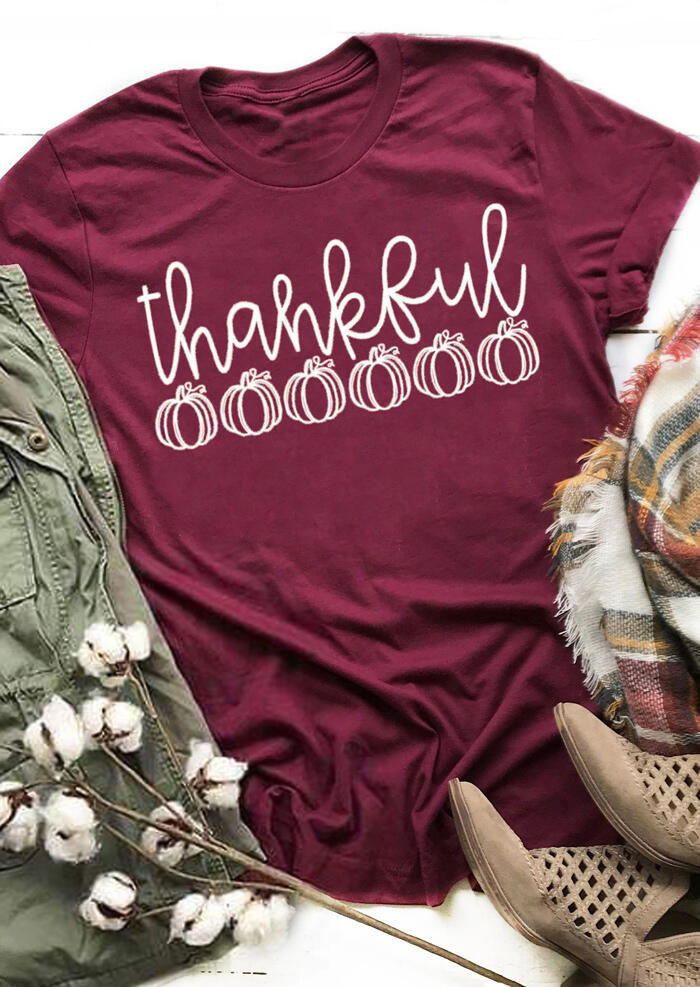

Tees T-shirts Thankful Pumpkin O-Neck T-Shirt Tee - Burgundy. Size