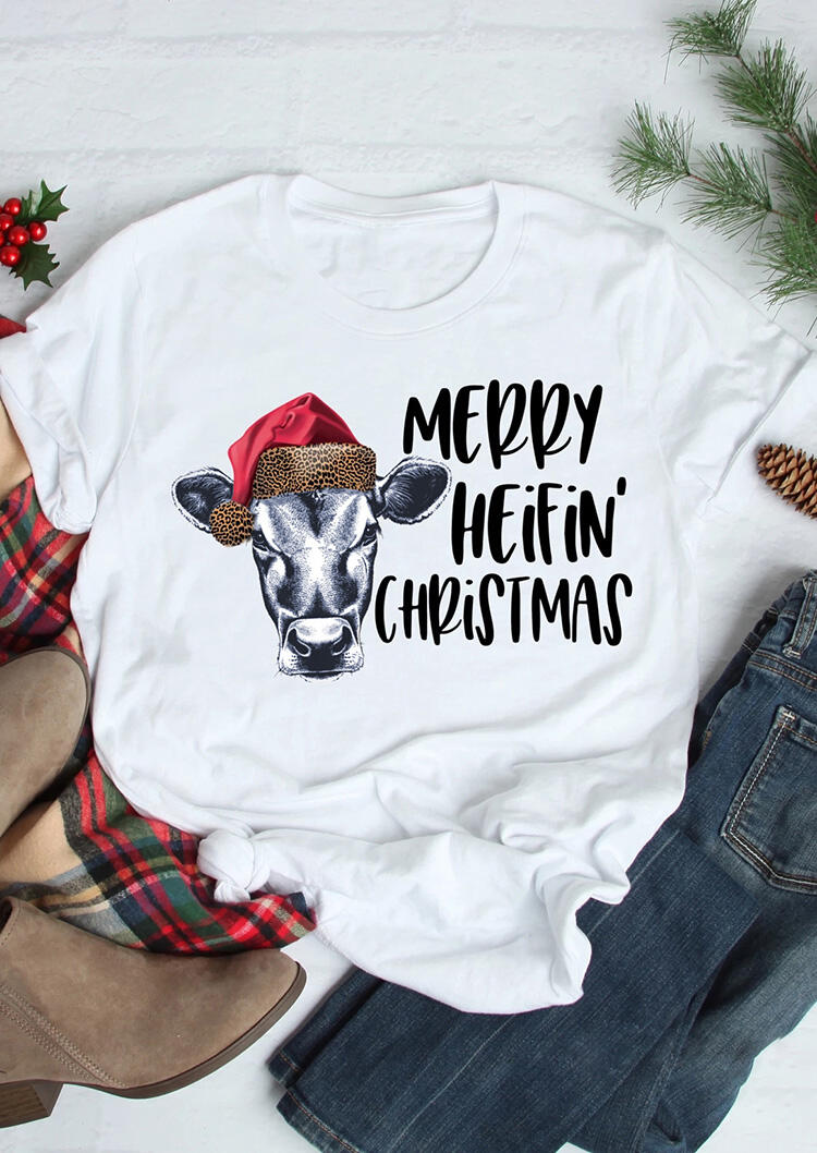 

Merry Heifin' Christmas Leopard Printed Splicing T-Shirt Tee - White, 456864