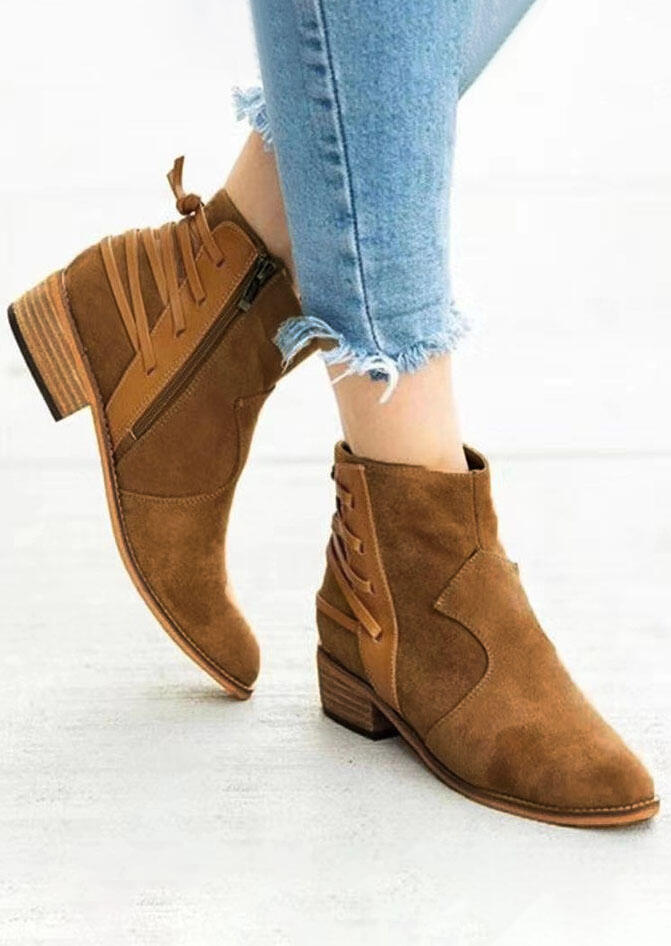 

Solid Lace Up Side Zipper Ankle Boots - Brown, 456865