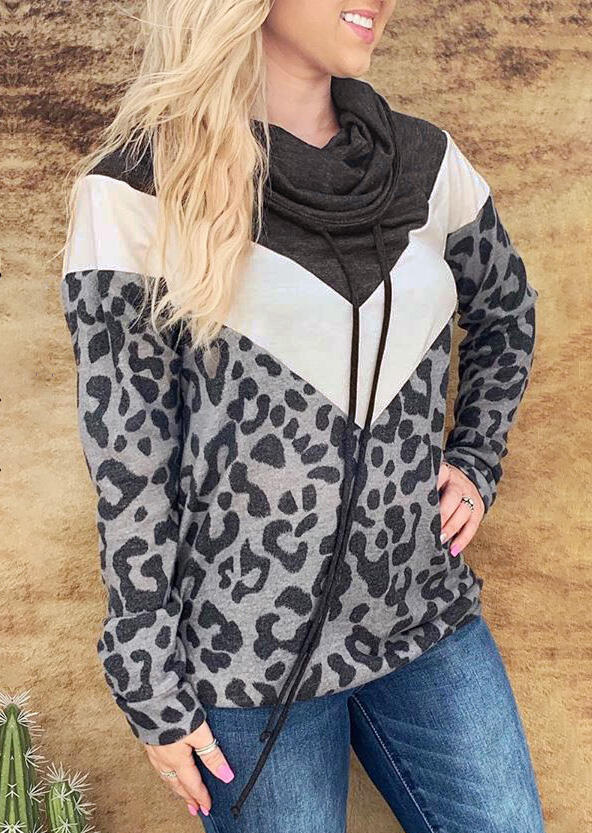 

Leopard Printed Splicing Drawstring Blouse, 456866