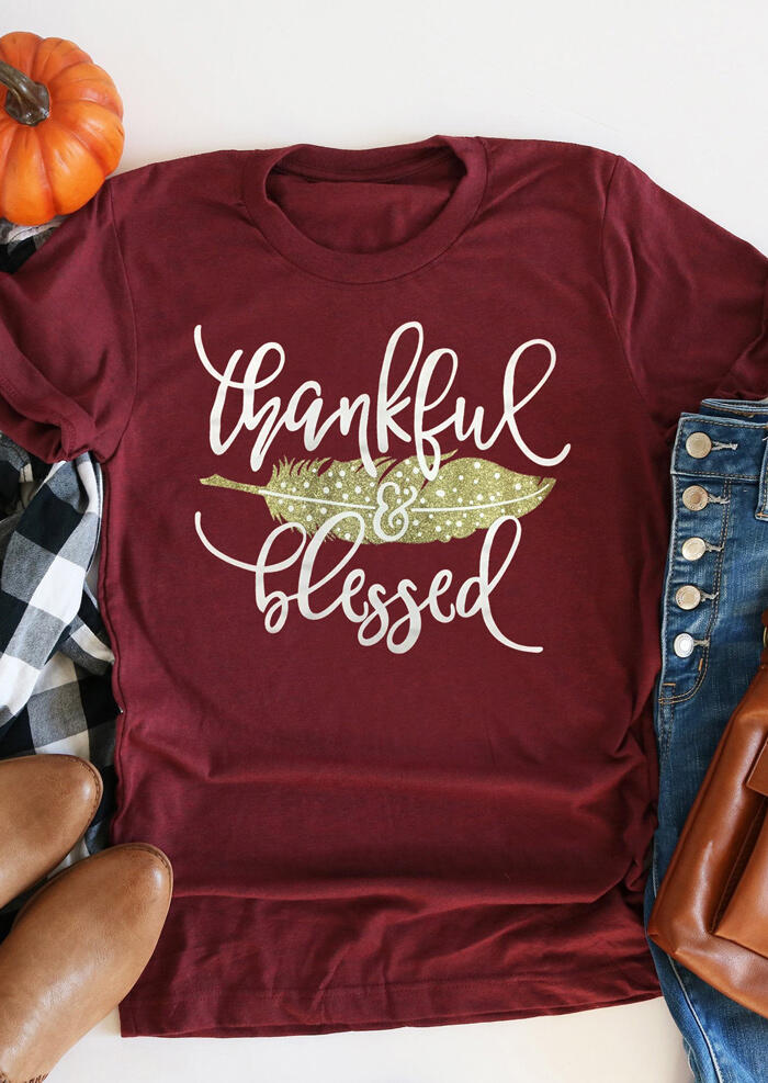 

Feather Thankful Blessed T-Shirt Tee - Burgundy, 456847