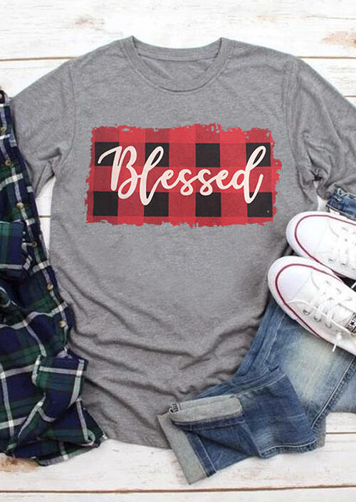 

Tees T-shirts Blessed Plaid O-Neck T-Shirt Tee - Gray. Size: S,,XL