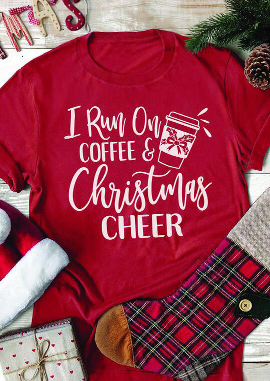 

I Run On Coffee And Christmas Cheer T-Shirt Tee - Red, 456877