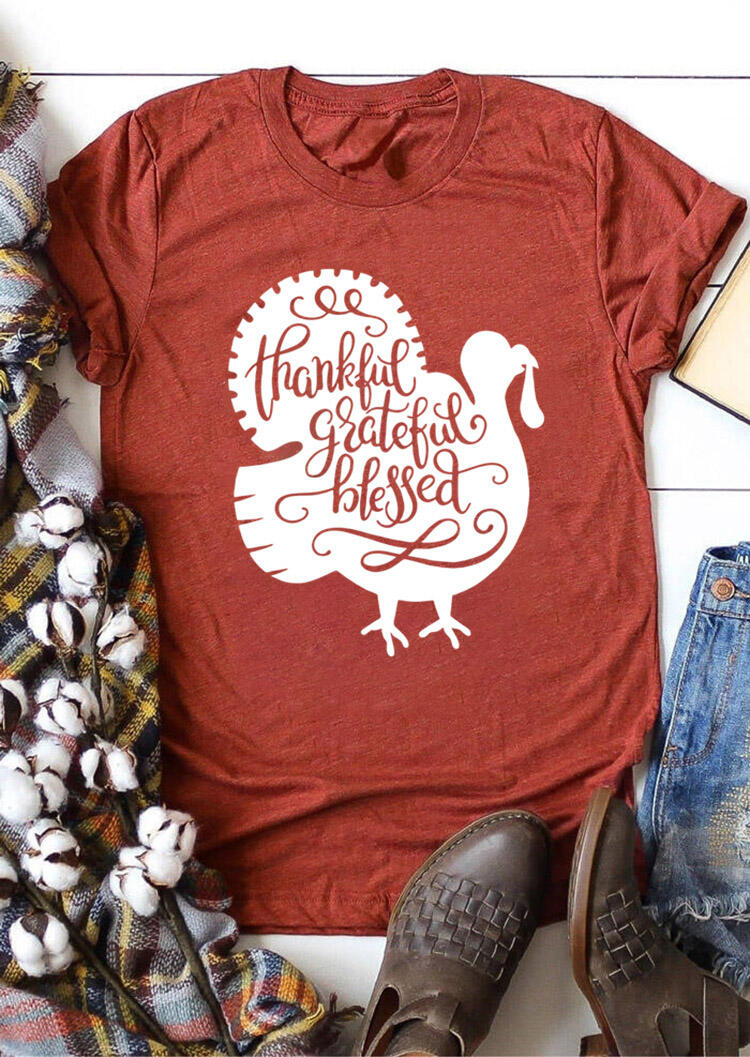 

Thankful Grateful Blessed Turkey T-Shirt Tee - Brick Red, 456880