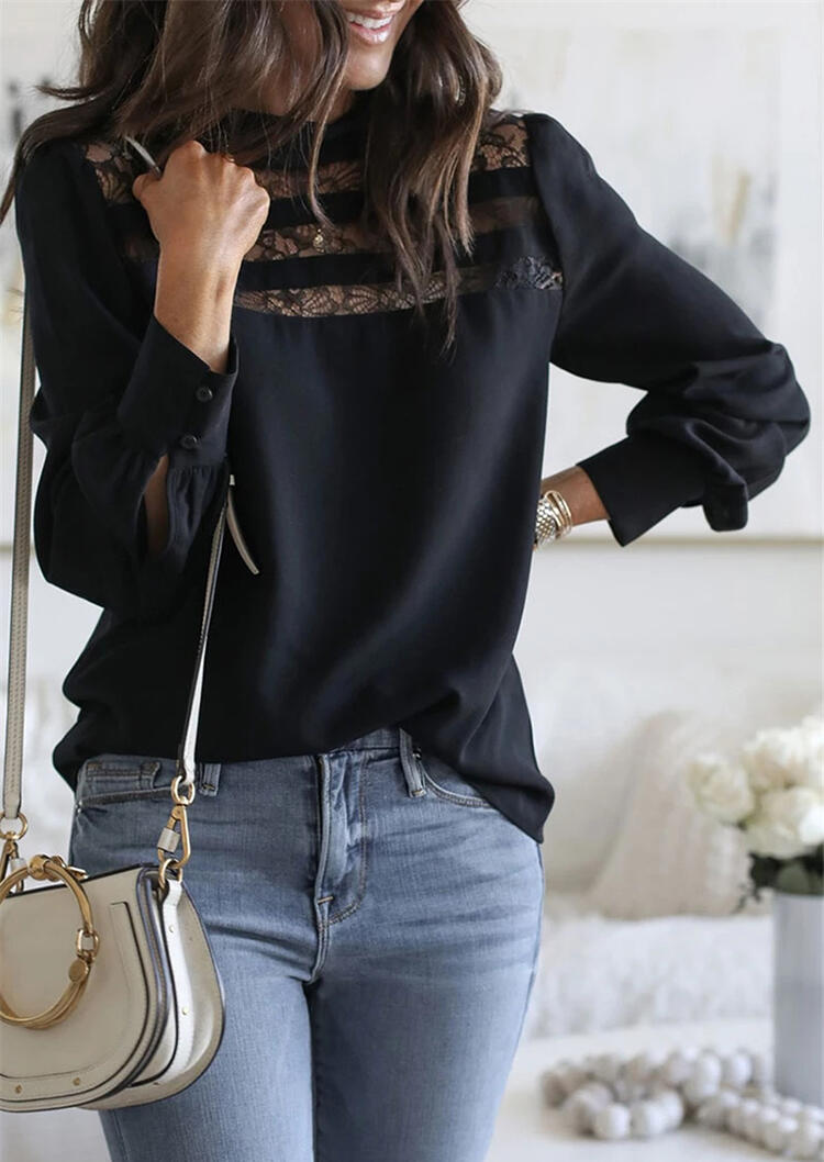 

Black Patchwork Lace Hollow-Out Long Sleeves Blouse Top For Women