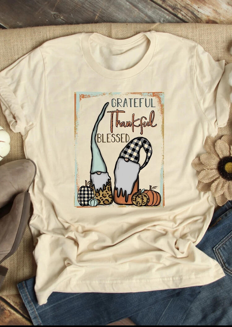 

Tees T-shirts Thankful Grateful Blessed Pumpkin Gnomies T-Shirt Tee - Apricot. Size: S,M,,XL