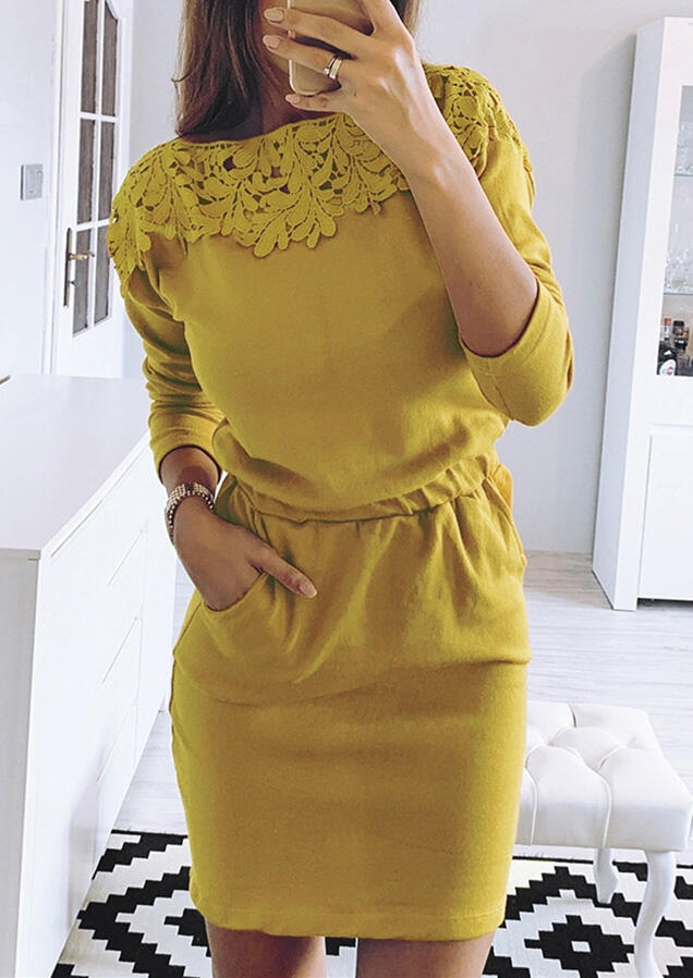

Bodycon Dresses Lace Splicing Pocket Drawstring Bodycon Dress - Yellow. Size