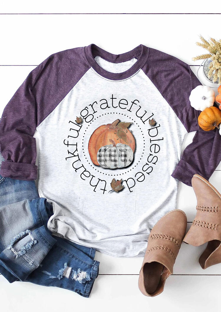 

Thankful Grateful Blessed Pumpkin T-Shirt Tee - Light Grey, 456919