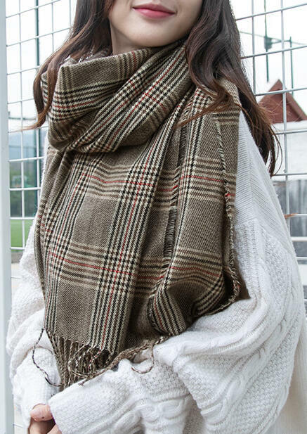 

Plaid Tassel Cashmere Feel Warm Scarf, Light coffee, 456854