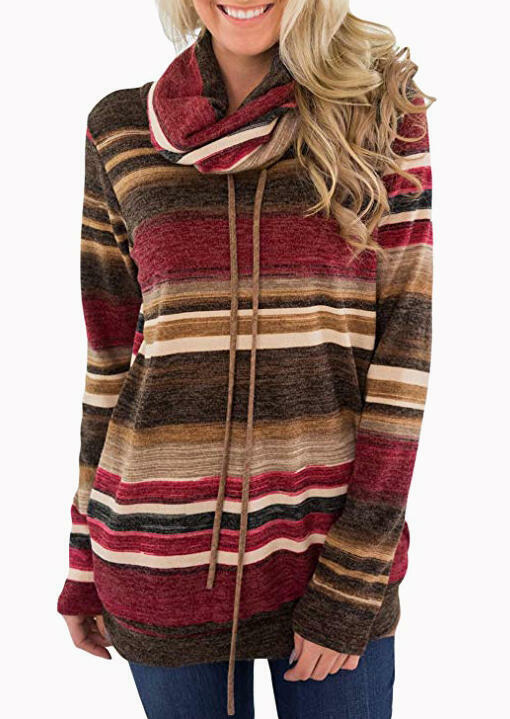 

Blouses Striped Drawstring Cowl Neck Blouse in Stripe. Size