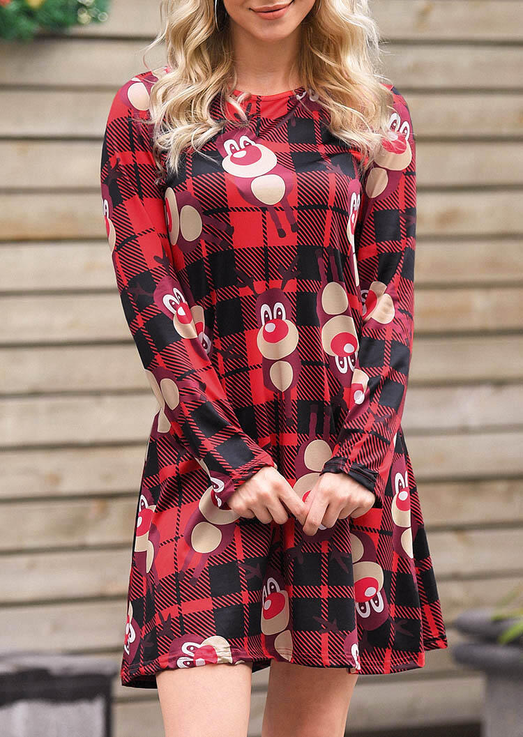 

Plaid Splicing Christmas Reindeer Mini Dress - Red, 455947
