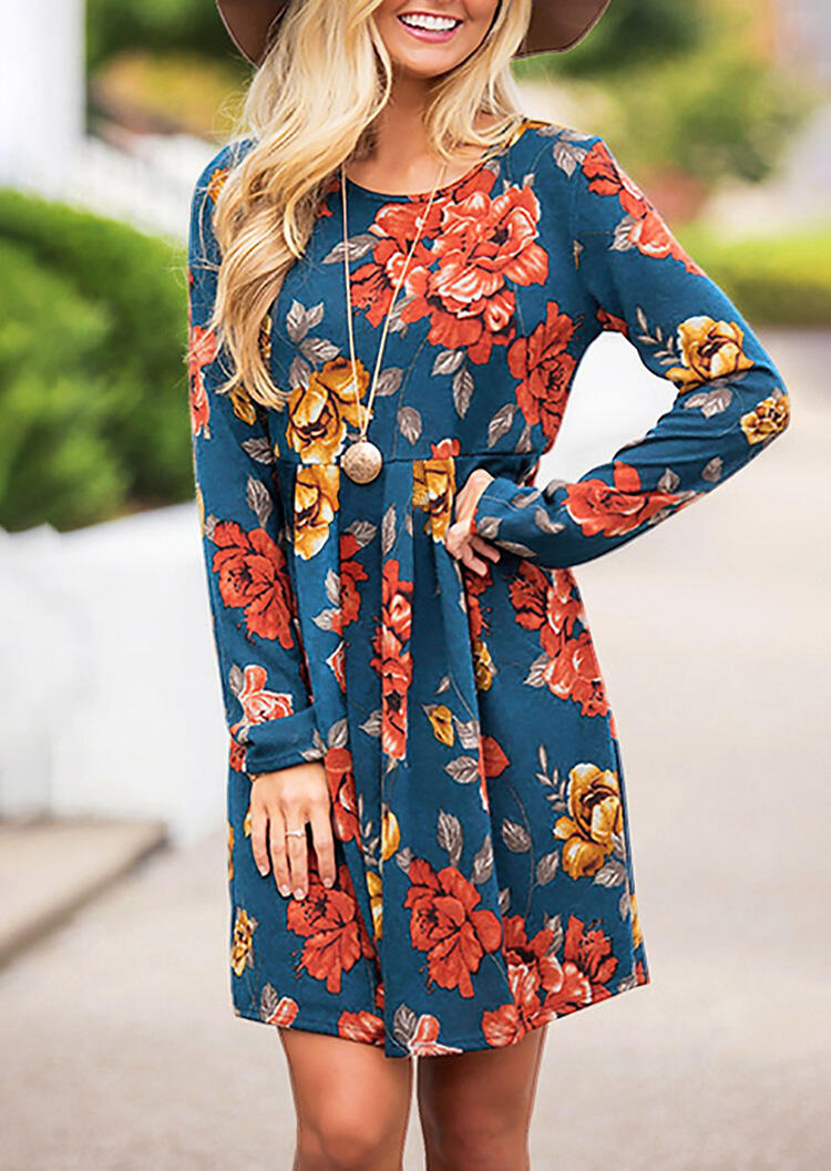 

Mini Dresses Floral Long Sleeve Mini Dress without Necklace - Cyan. Size: S,M,,XL