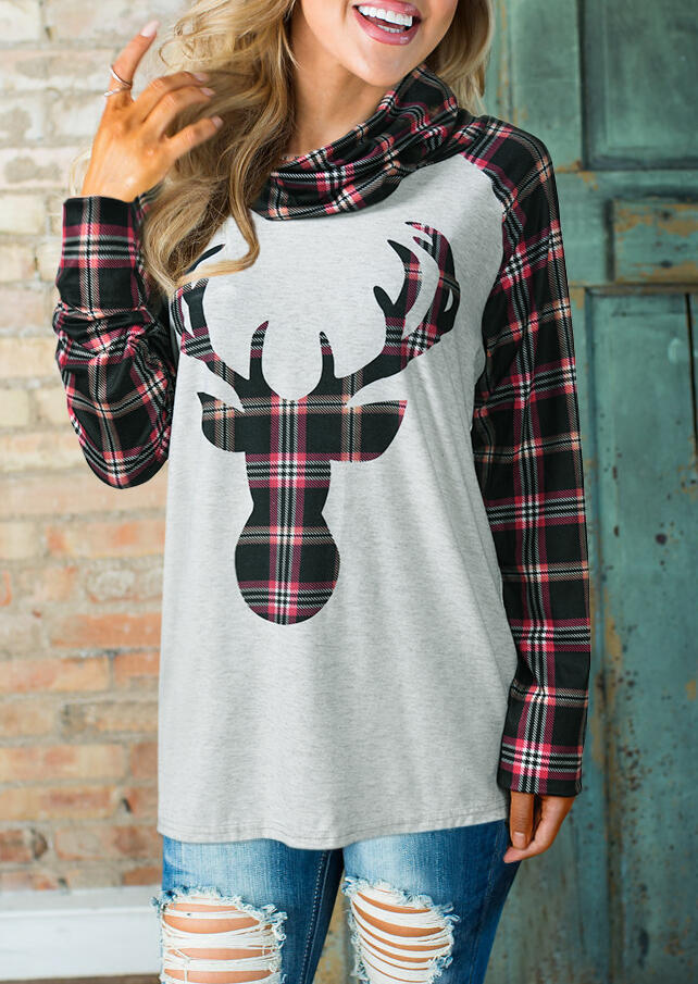 

Blouses Plaid Splicing Christmas Reindeer Cowl Neck Blouse - Light Grey. Size: ,M