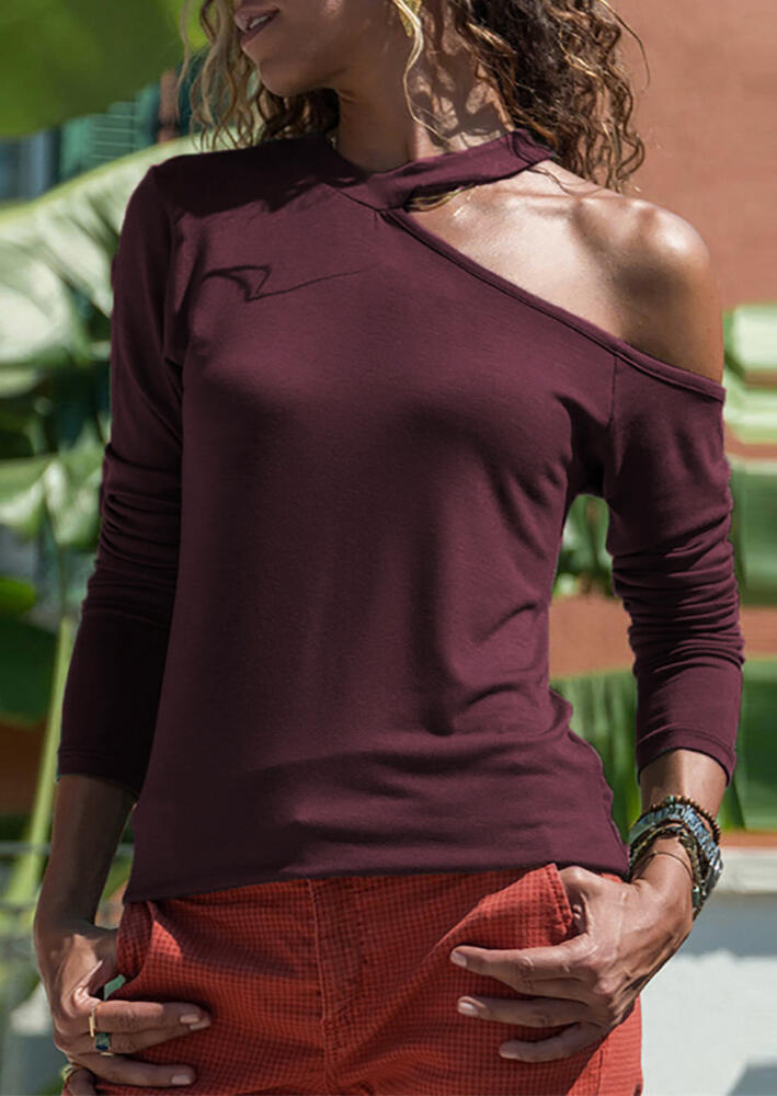 

Solid V-Neck One Cold Shoulder Long Sleeve Blouse - Burgundy, 456737