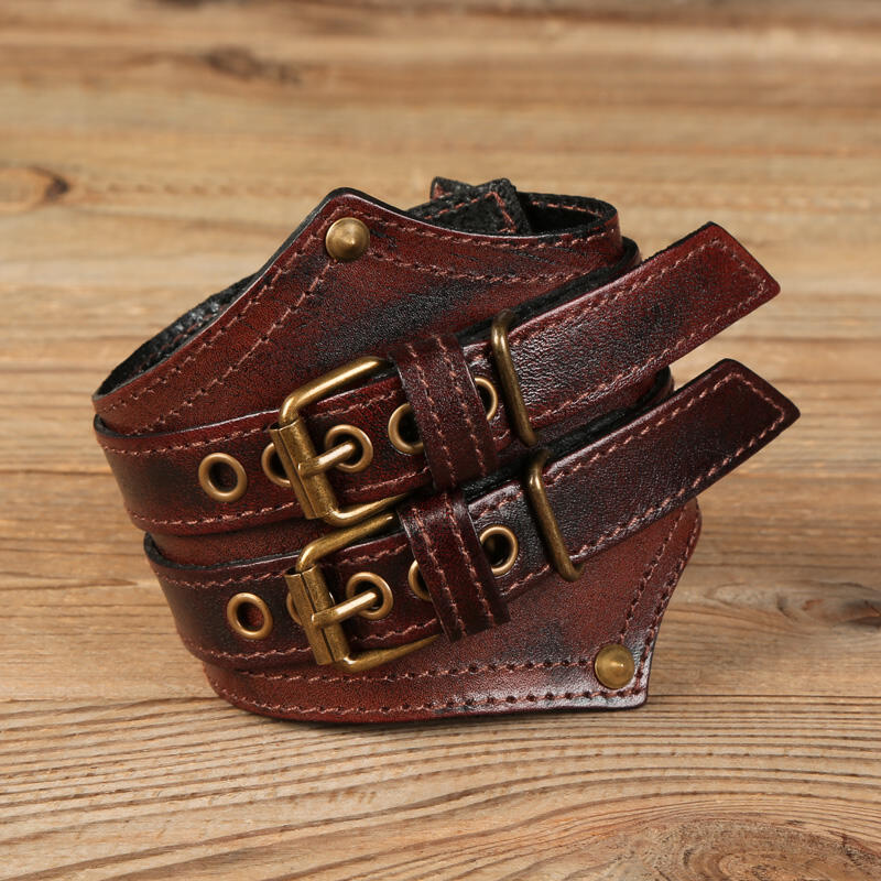 

Men's Double Buckle Wide Leather Bracelet, Red, 456753