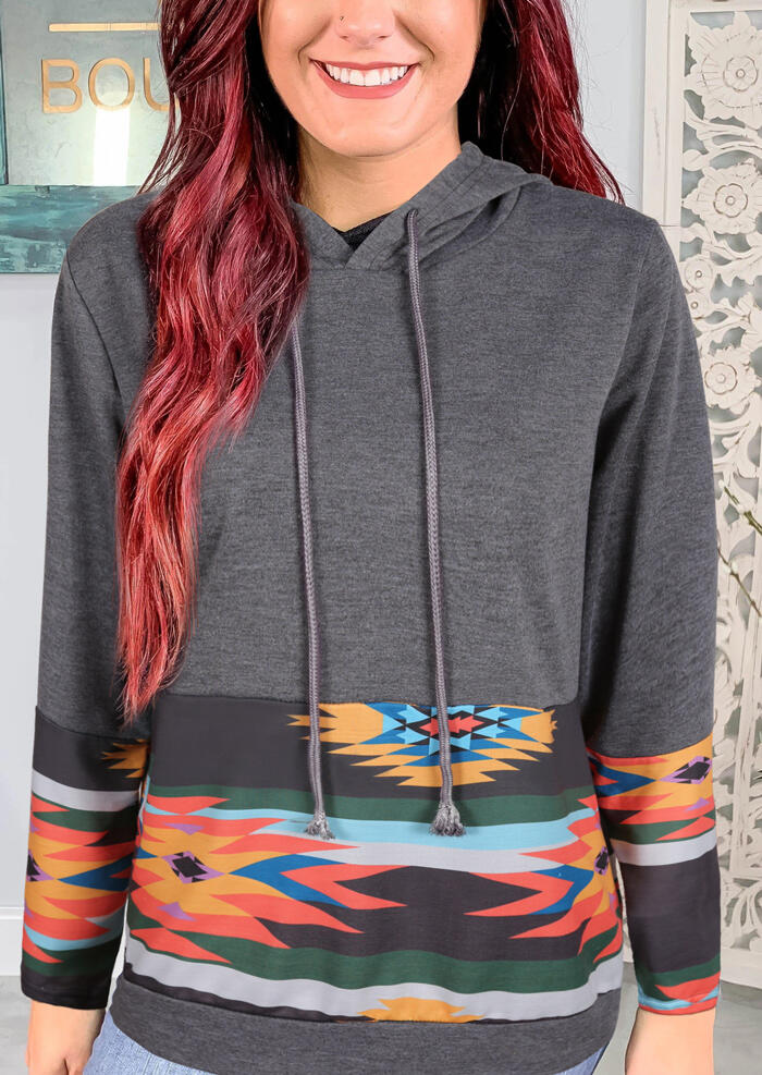 

Geometric Printed Drawstring Hoodie - Gray, 456846