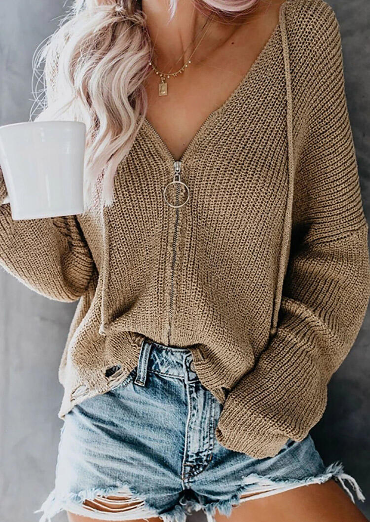 

Sweaters Knitted Zipper Hooded Sweater in Khaki. Size