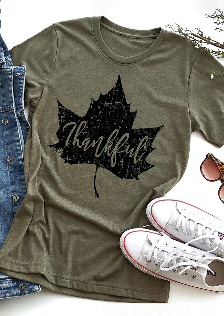 

Tees T-shirts Thankful Maple Leaves T-Shirt Tee - Army Green. Size: S,,XL