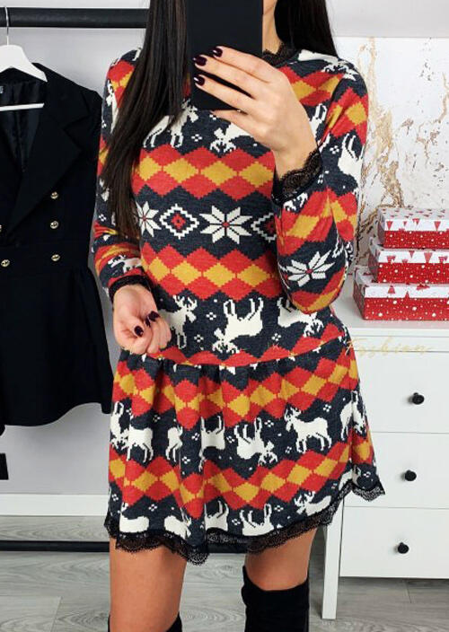 

Christmas Moose Printed Lace Splicing Mini Dress - Multicolor, 456978