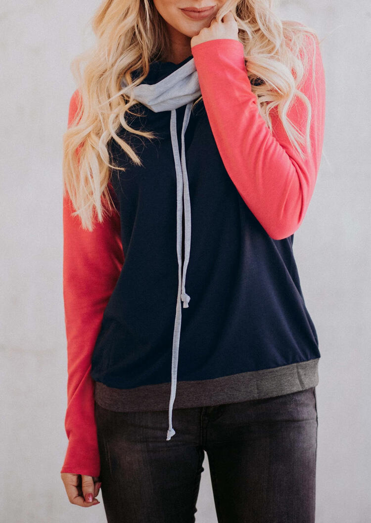

Color Block Drawstring Cowl Neck Blouse - Navy Blue, 457006