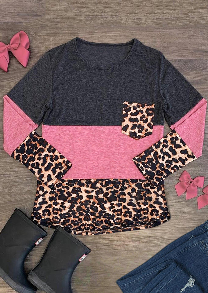 

Blouses Leopard Printed Color Block Splicing Blouse. Size: M,,XL