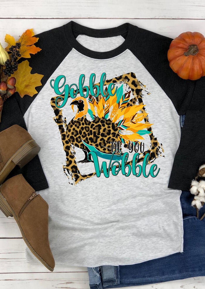 

Leopard Printed Turkey Gobble Til You Wobble T-Shirt Tee - Light Grey, 457048