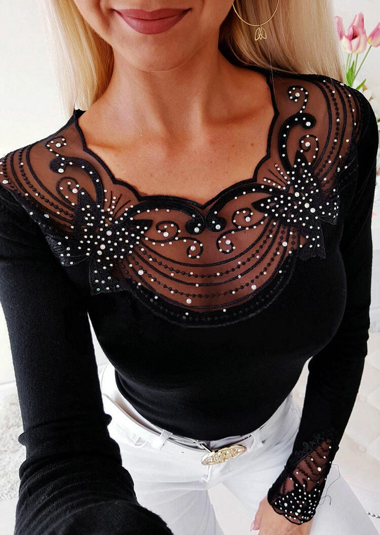 

Solid Lace Splicing Bead Blouse - Black, 457053