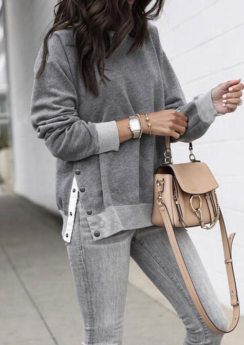 

Solid Button Slit Sweatshirt - Gray, 457060