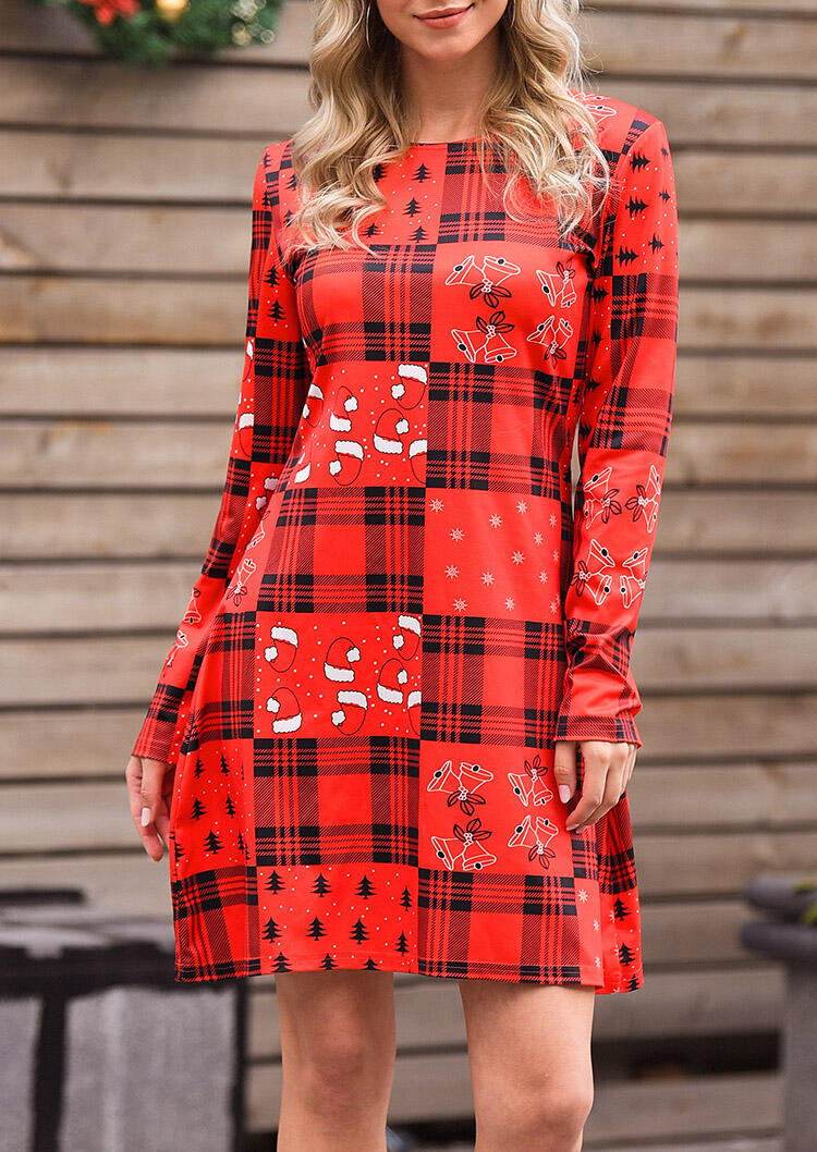 

Merry Christmas Plaid Splicing Mini Dress - Red, 456194