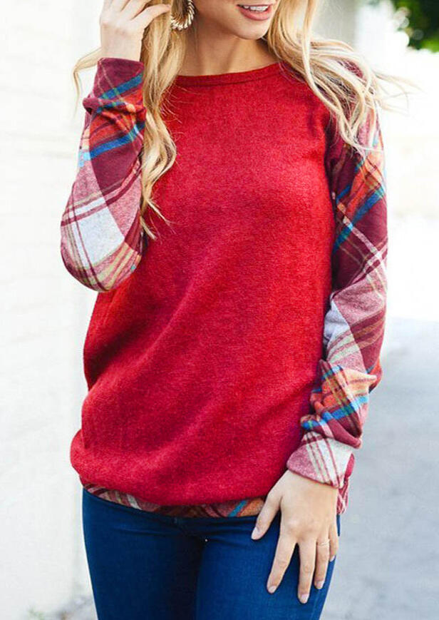 

Plaid Splicing O-Neck T-Shirt Tee - Red, 456236