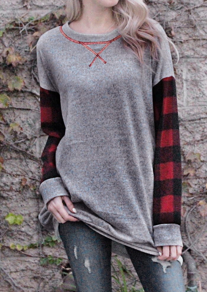 

Plaid Splicing O-Neck Blouse - Gray, 456507