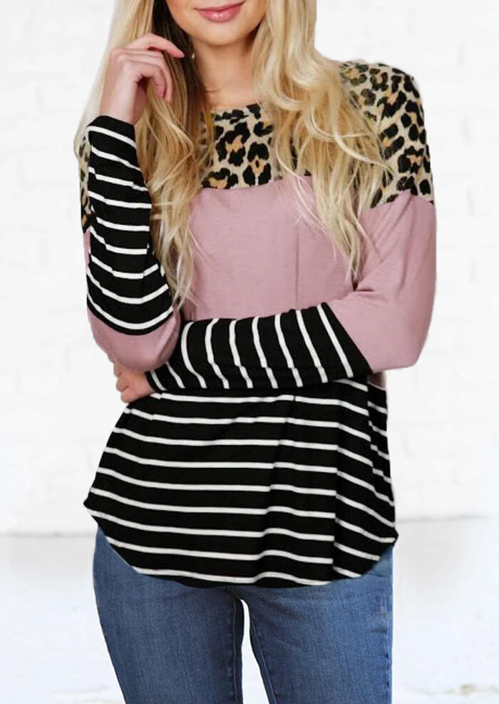 

Striped Splicing Leopard Printed O-Neck Blouse, Stripe, 456542