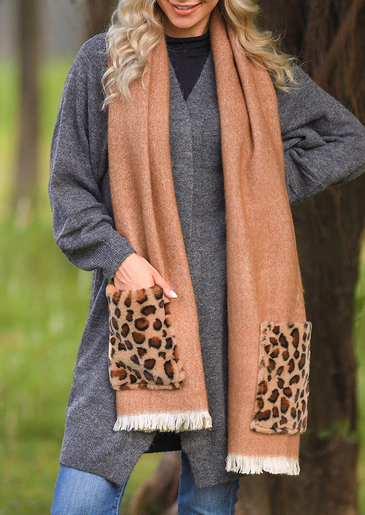 

Leopard Printed Pocket Warm Scarf, Brown, 456730