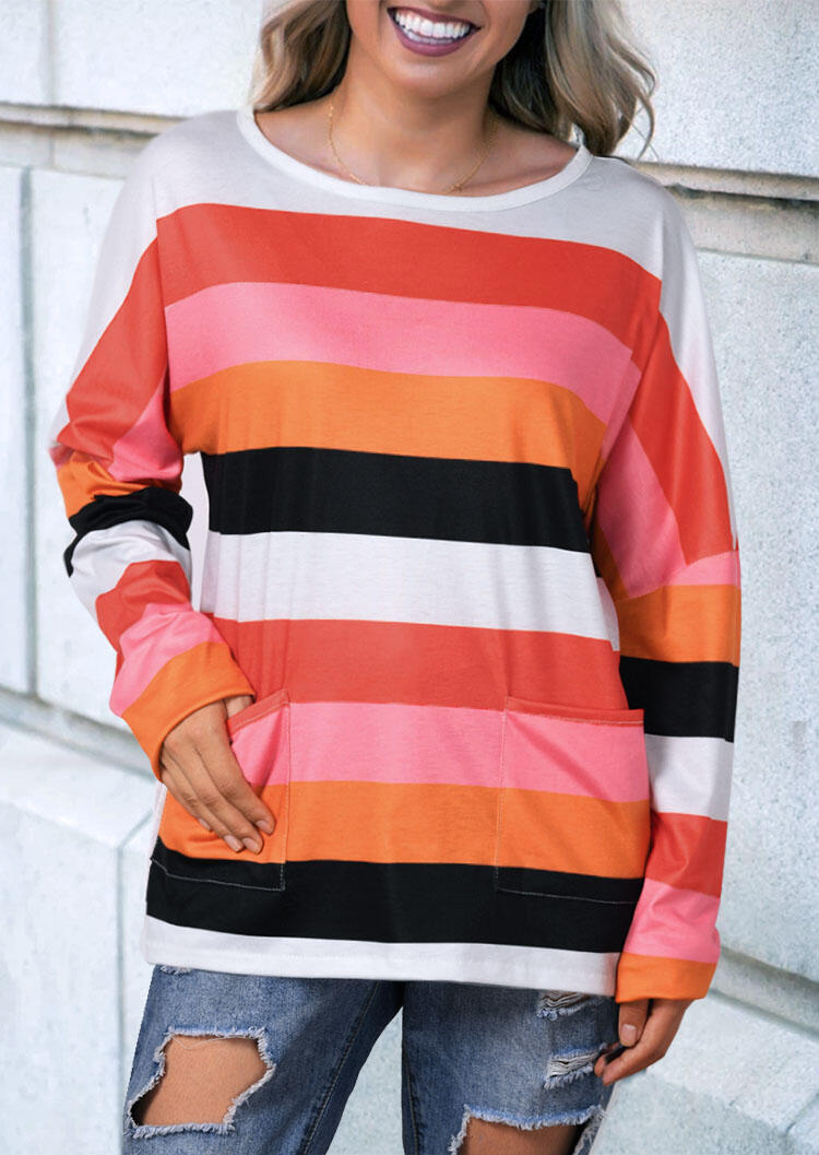

Blouses Striped O-Neck Pocket Blouse. Size: S,M,,XL, Stripe