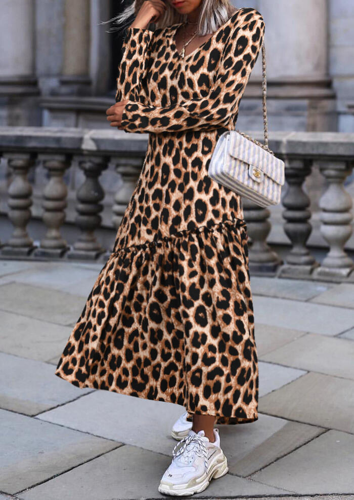 Leopard Printed V-Neck Maxi Dress without Necklace