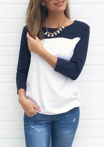

Color Block Splicing O-Neck T-Shirt Tee without Necklace - Navy Blue, 457023