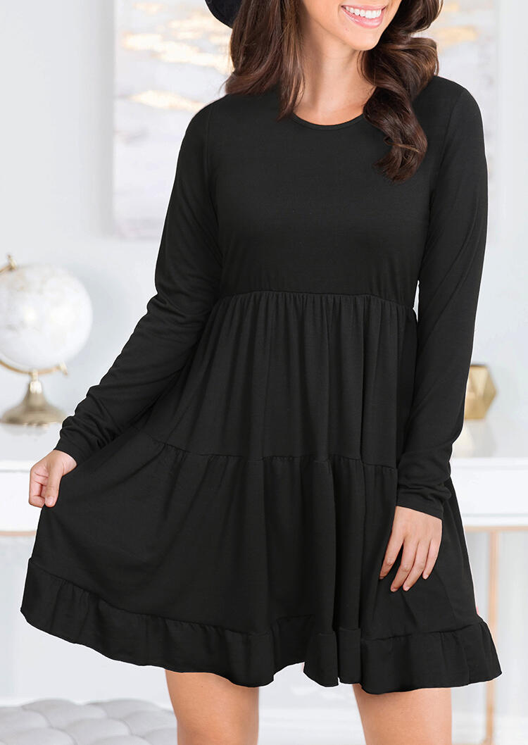 

Solid Ruffled Pocket Long Sleeve Mini Dress - Black, 457055