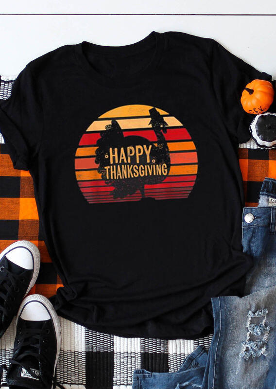 

Tees T-shirts Happy Thanksgiving Turkey O-Neck T-Shirt Tee - Black. Size: S,M