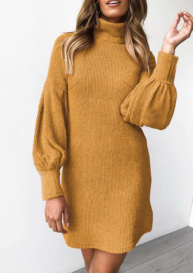 

Solid Knitted Turtleneck Lantern Sleeve Mini Dress - Yellow, 457098