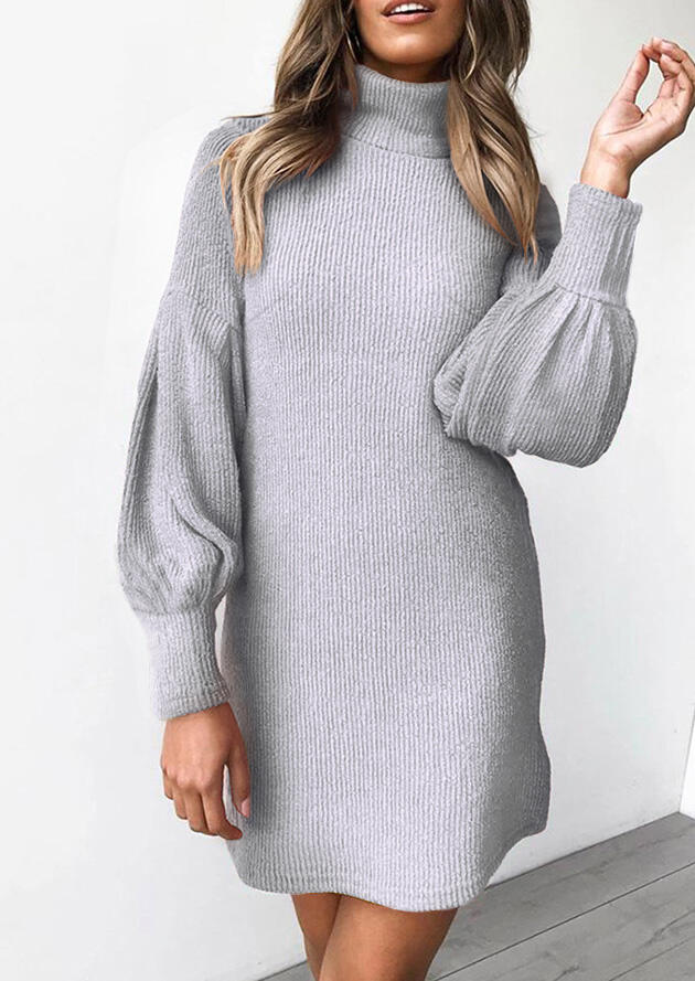 

Solid Knitted Turtleneck Lantern Sleeve Mini Dress - Light Grey, 457099