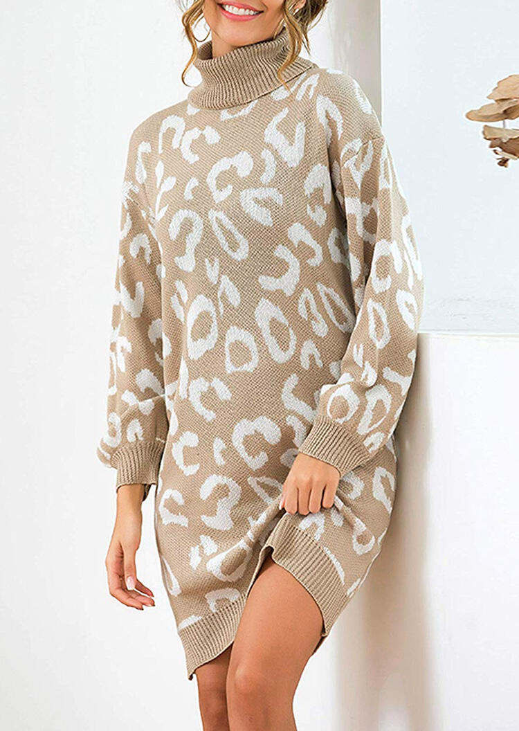 

Leopard Printed Long Sleeve Knitted Winter Casual Dress - Khaki, 457105