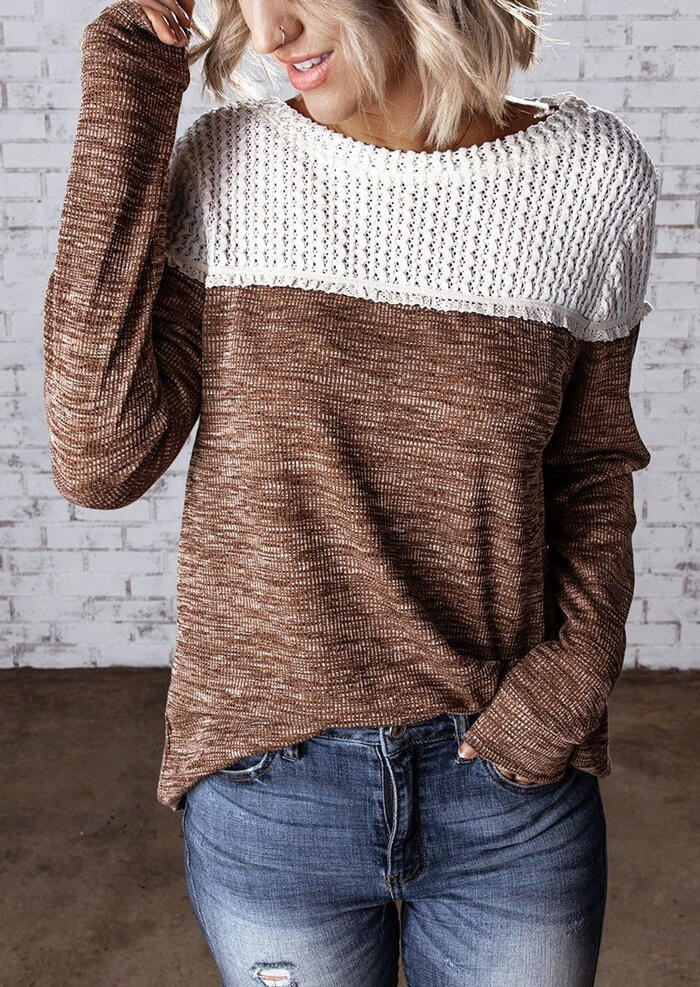 

Blouses Color Block Knitted Splicing Blouse - Brown. Size