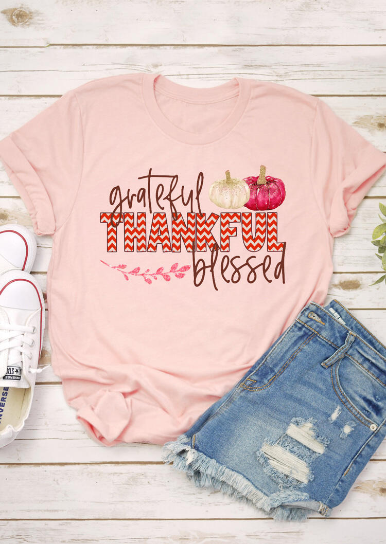 

Tees T-shirts Thankful Grateful Blessed Pumpkin T-Shirt Tee - Pink. Size: S,M
