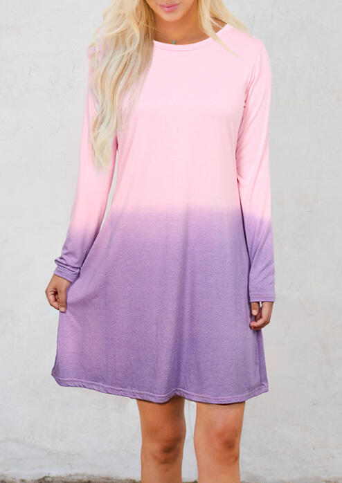 

Gradient Color O-Neck Mini Dress - Pink, 456660