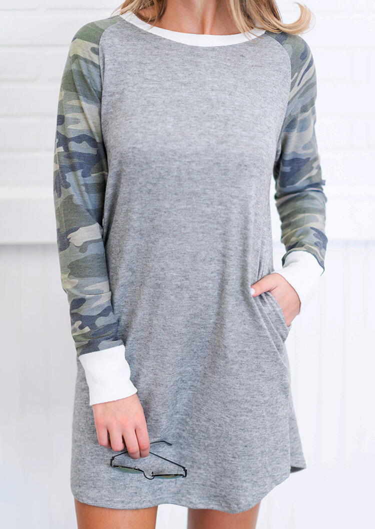 

Mini Dresses Camouflage Printed Splicing Pocket Mini Dress - Gray. Size: M