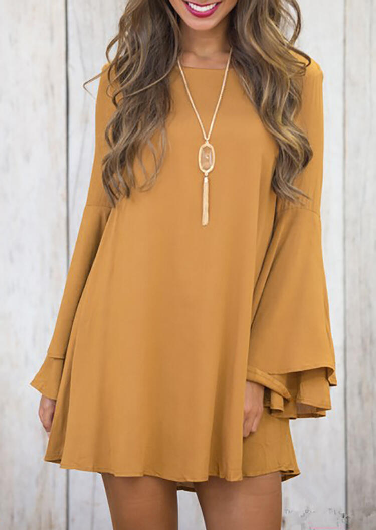 

Yellow Backless Criss-Cross Flare Long Sleeves Mini Dress for Women
