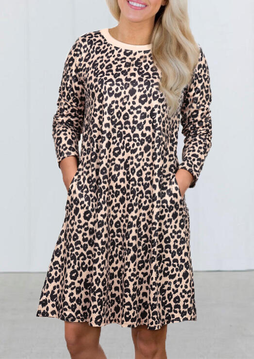 

Mini Dresses Leopard Printed O-Neck Pocket Mini Dress. Size: M,,XL