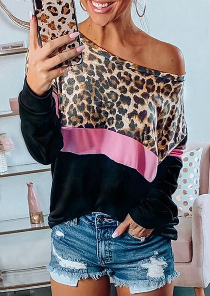 

Blouses Leopard Printed Color Block Splicing Blouse - Black. Size