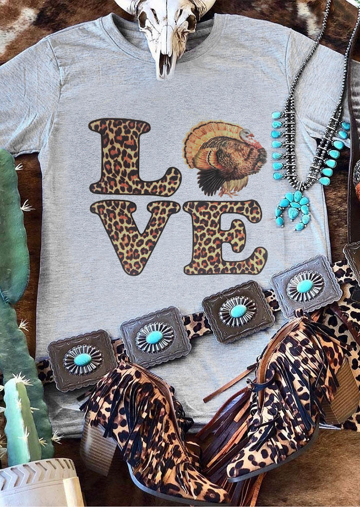 

Tees T-shirts Leopard Printed Turkey Love T-Shirt Tee - Gray. Size: S,M